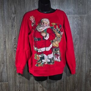 Santa Christmas Sweatshirt Vintage 90s Large Red Made in USA Hanes Her Way